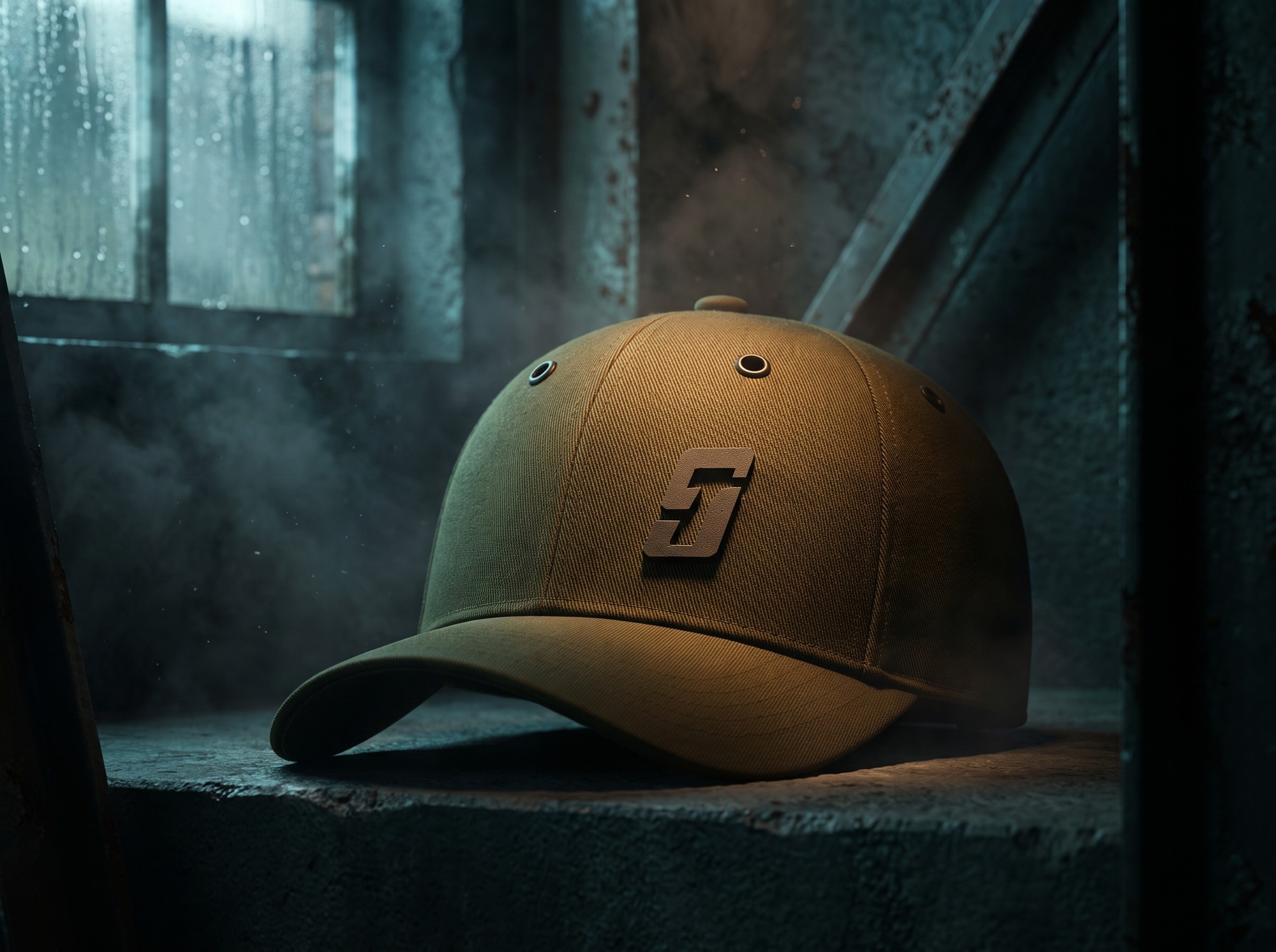 Tan bespoke S-marked cap in a moody studio