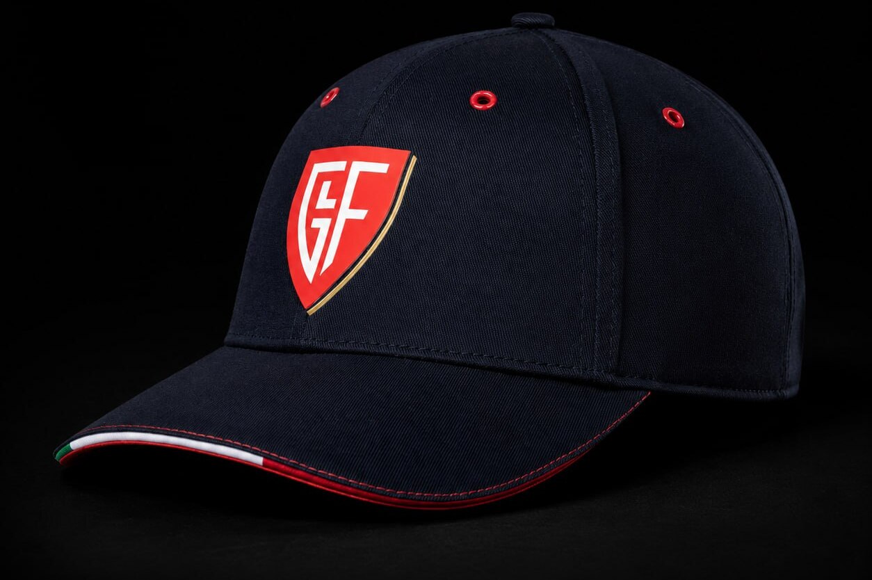 Bespoke navy cap with a raised red GF crest badge and Italian tricolour brim trim, whole cap shown on a dark studio ground