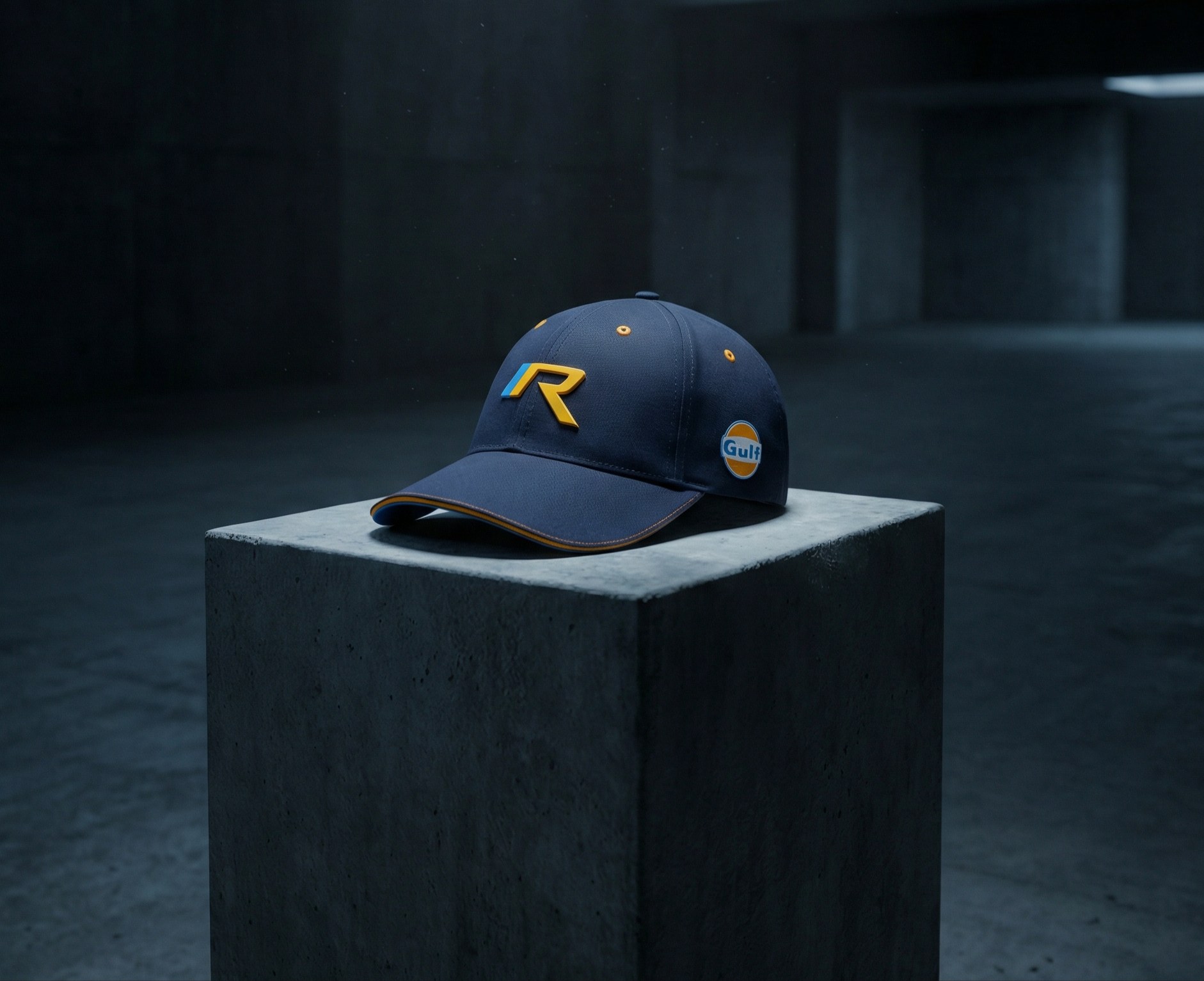 A navy R / Gulf cap on a concrete plinth under low light