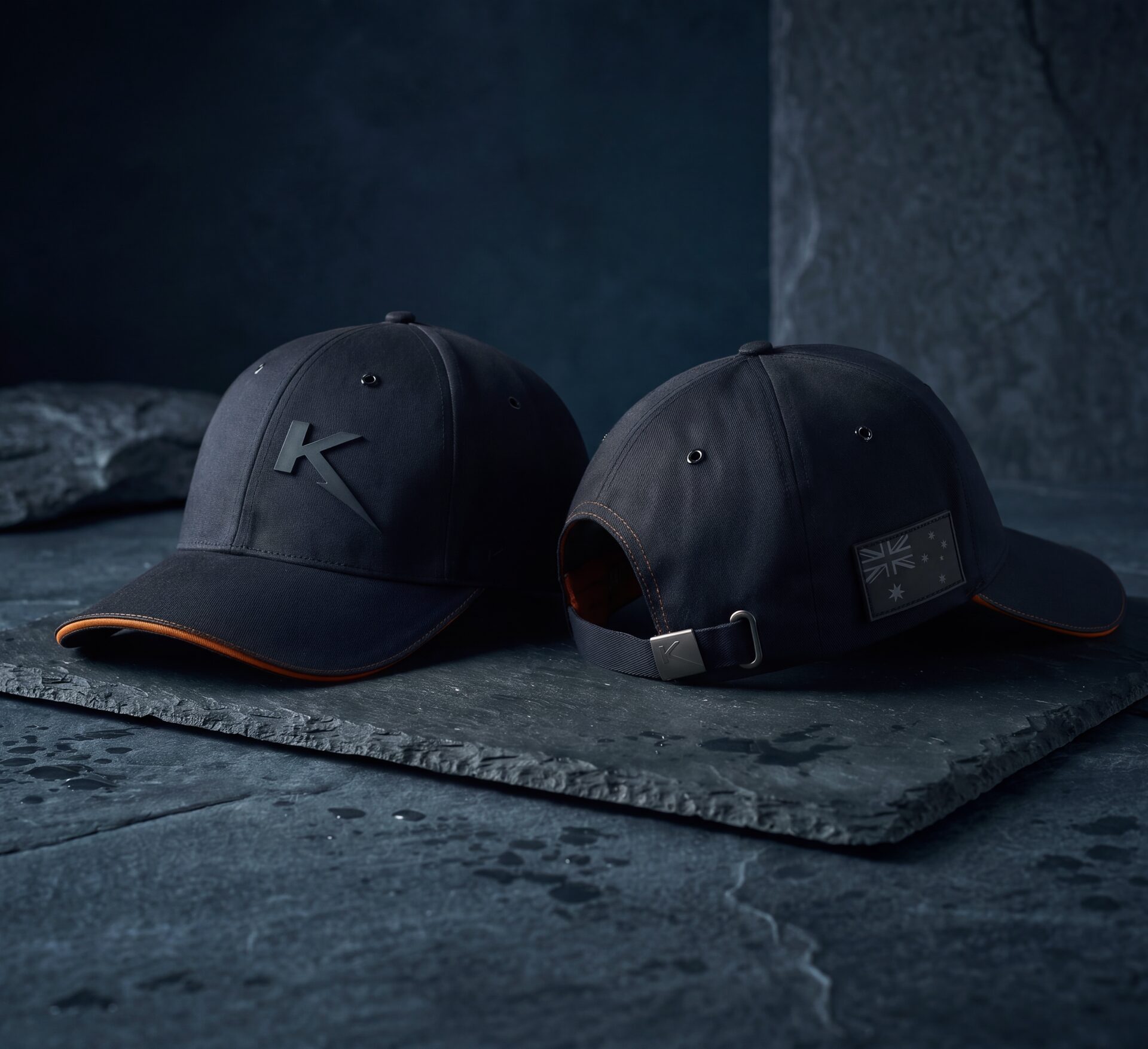 Two bespoke black caps on a wet slate plinth in a moody, dark studio - one front-facing with a raised tonal K mark and orange brim trim, one turned to show a tonal Union Jack patch and metal clasp