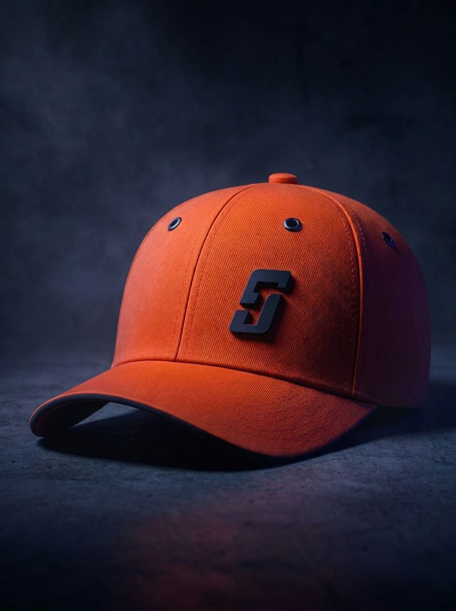 Solid7 cap in Ember on a smoked plinth under a single spotlight, reforged from ocean plastic